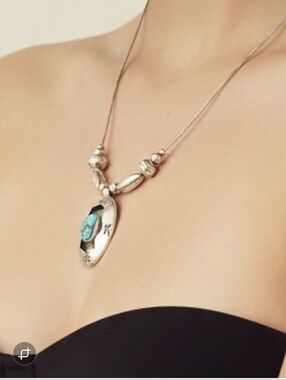 Vintage Sterling Silver Beaded Necklace With Turquise Stone Pendant 16 Inches